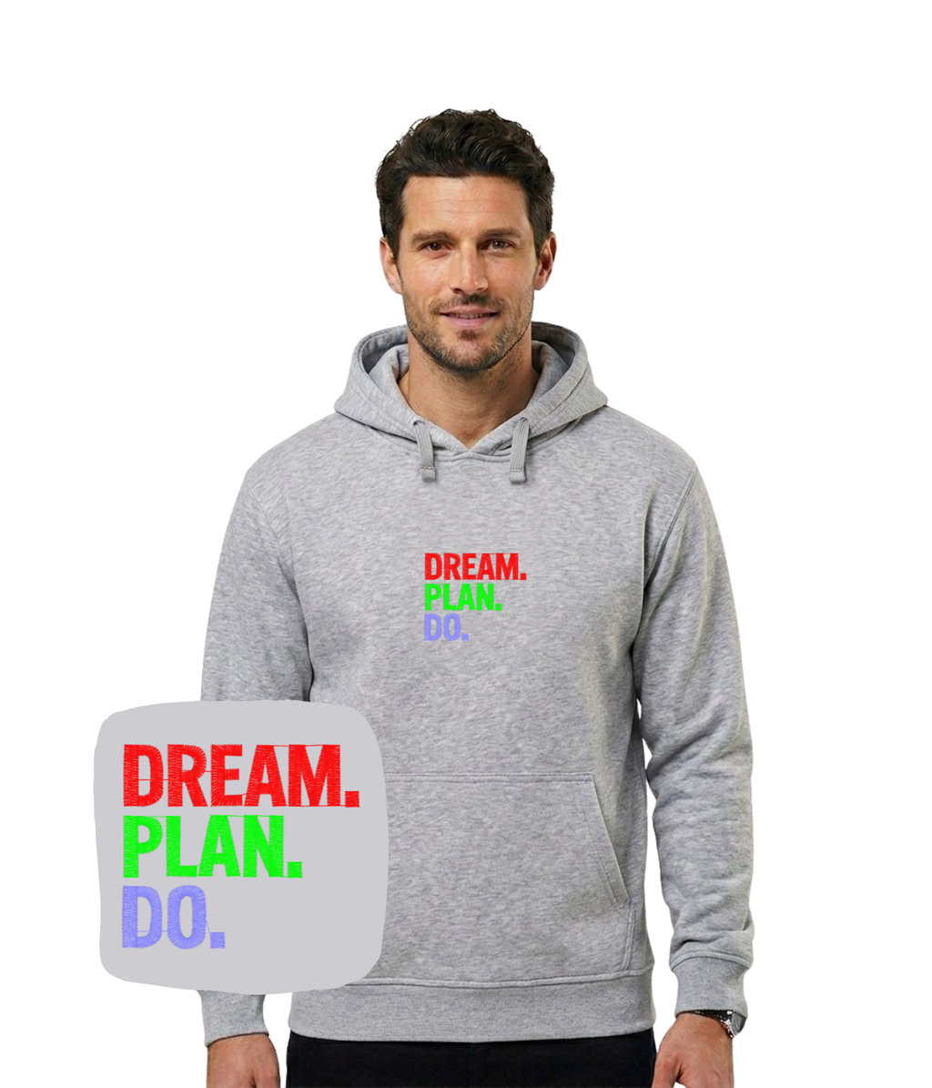 Szara bluza z kapturem z haftem Dream Plan Do - wyjątkowy prezent dla niej z haftem komputerowym