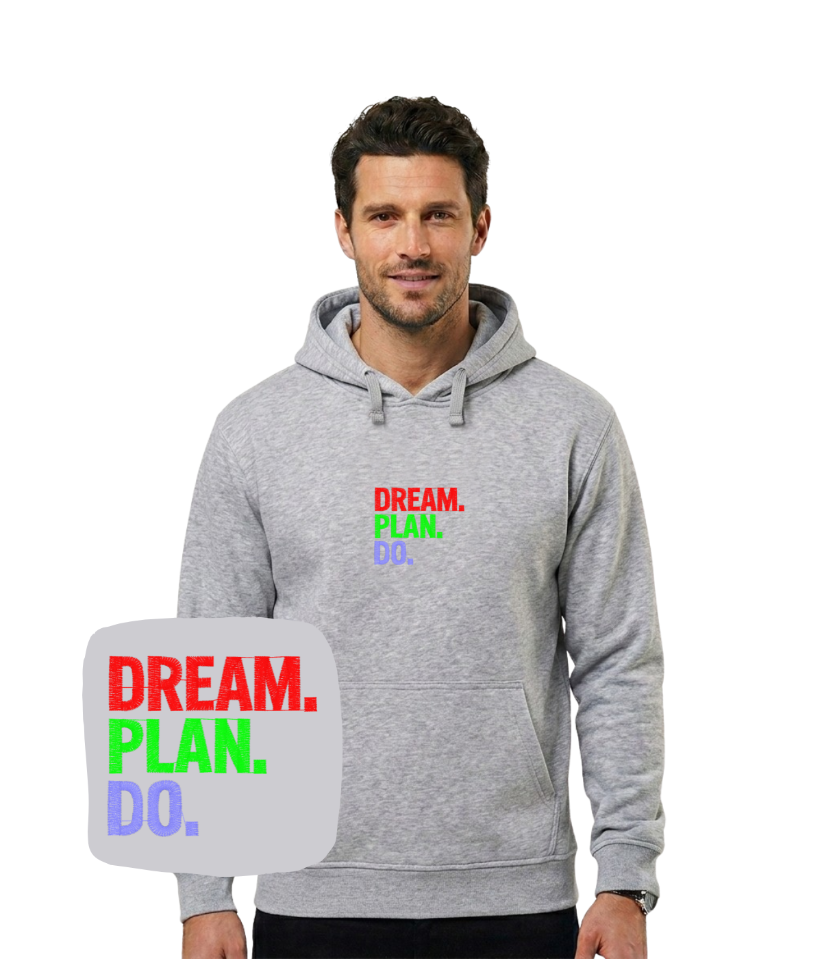 Szara bluza z kapturem z haftem Dream Plan Do - wyjątkowy prezent dla niej z haftem komputerowym