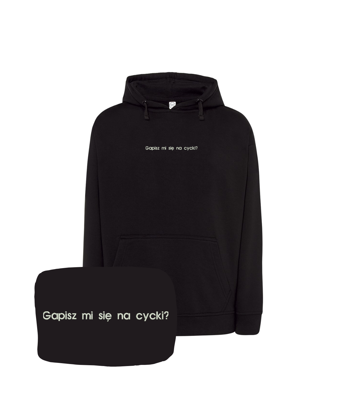 Black hoodie with humorous embroidered text "Gapisz mi się na cycki" by CustomClothes.pl, showcasing casual streetwear style.