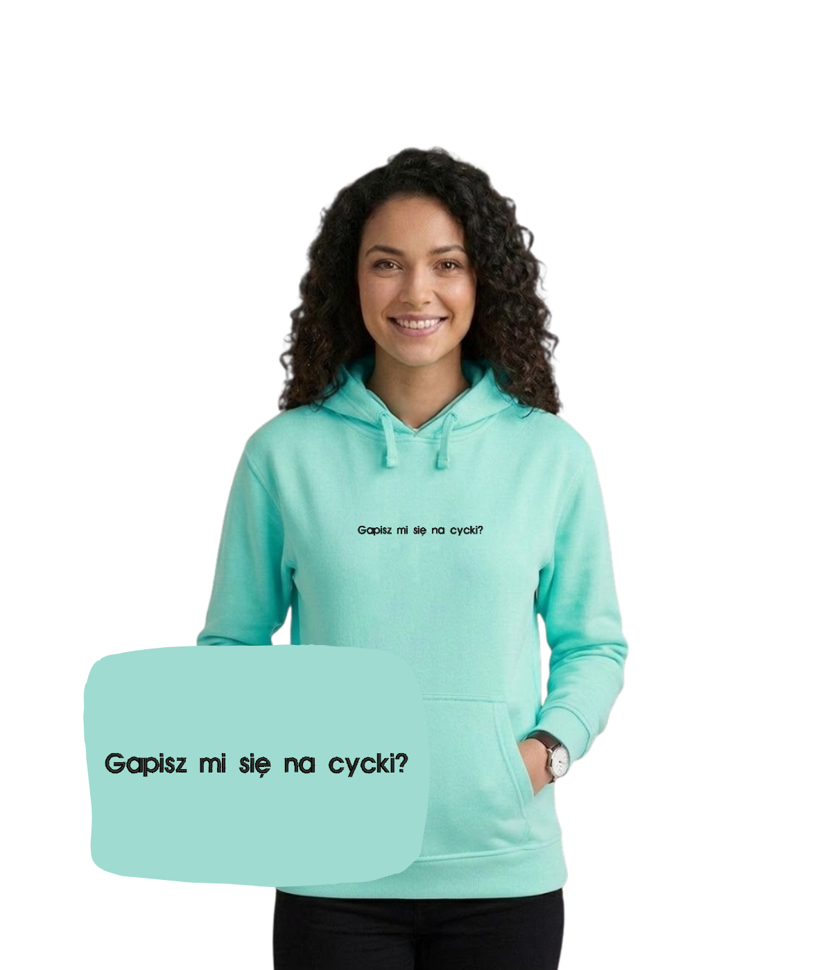 Mietowa bluza z kapturem od CustomClothes.pl z haftem "Gapisz mi się na cycki" na przodzie, casual i wygodna.