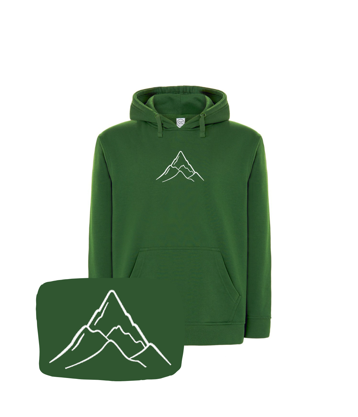 Zielona bluza z kapturem z haftem gór w stylu minimalistycznym - koszulka trekkingowa z haftem na prezent