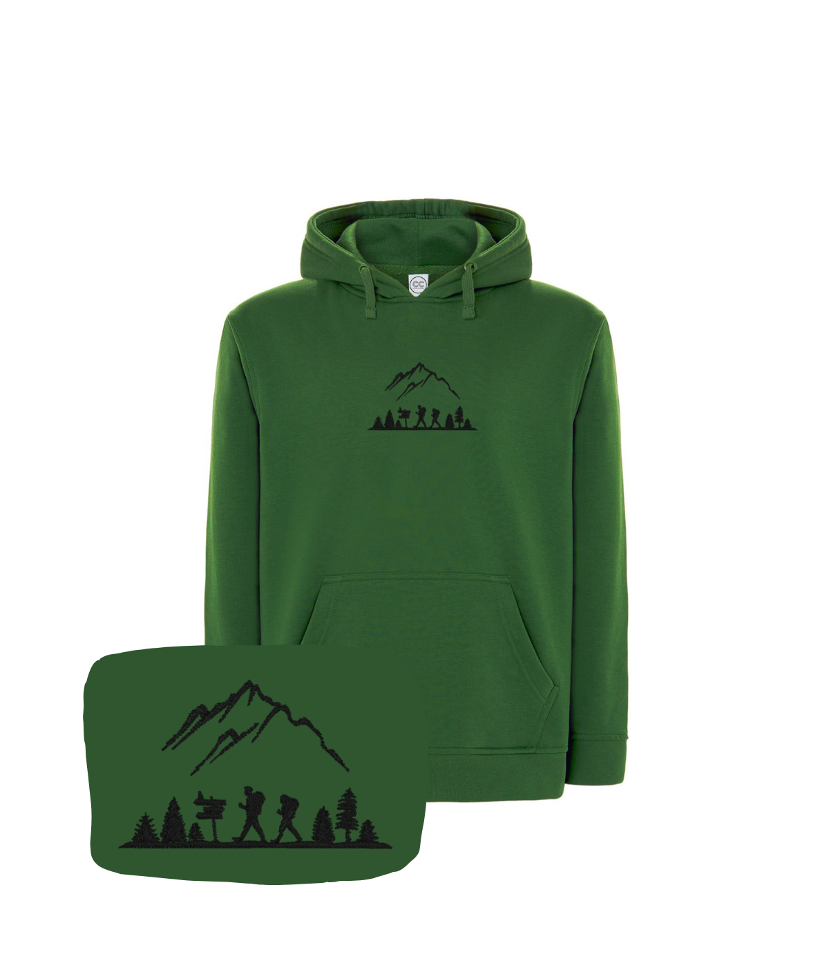 Zielona bluza z kapturem z haftem górskim - idealna dla miłośnika natury i gór, haft komputerowy