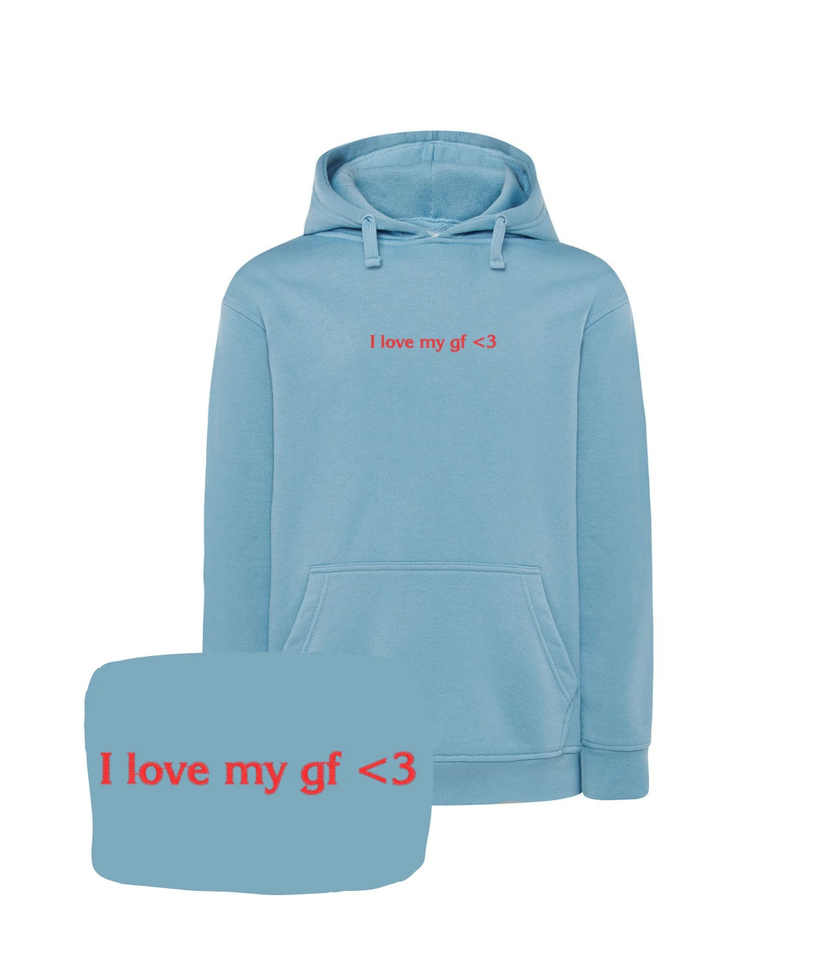 Błękitna bluza z haftem 'I love my gf <3', romantyczny prezent dla chłopaka od dziewczyny, haft komputerowy.