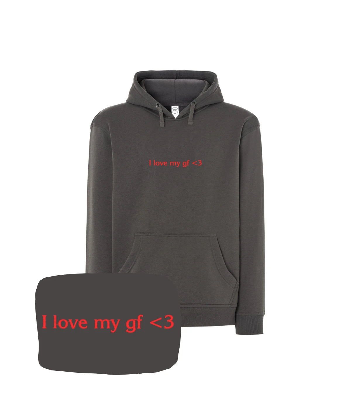 Ciemnoszara bluza z kapturem z haftem 'I love my gf <3', doskonały prezent dla chłopaka, haft komputerowy.