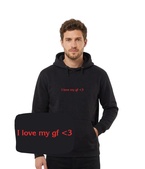 Czarna bluza z haftem 'I love my gf <3', idealna na prezent dla chłopaka od dziewczyny, haft komputerowy.