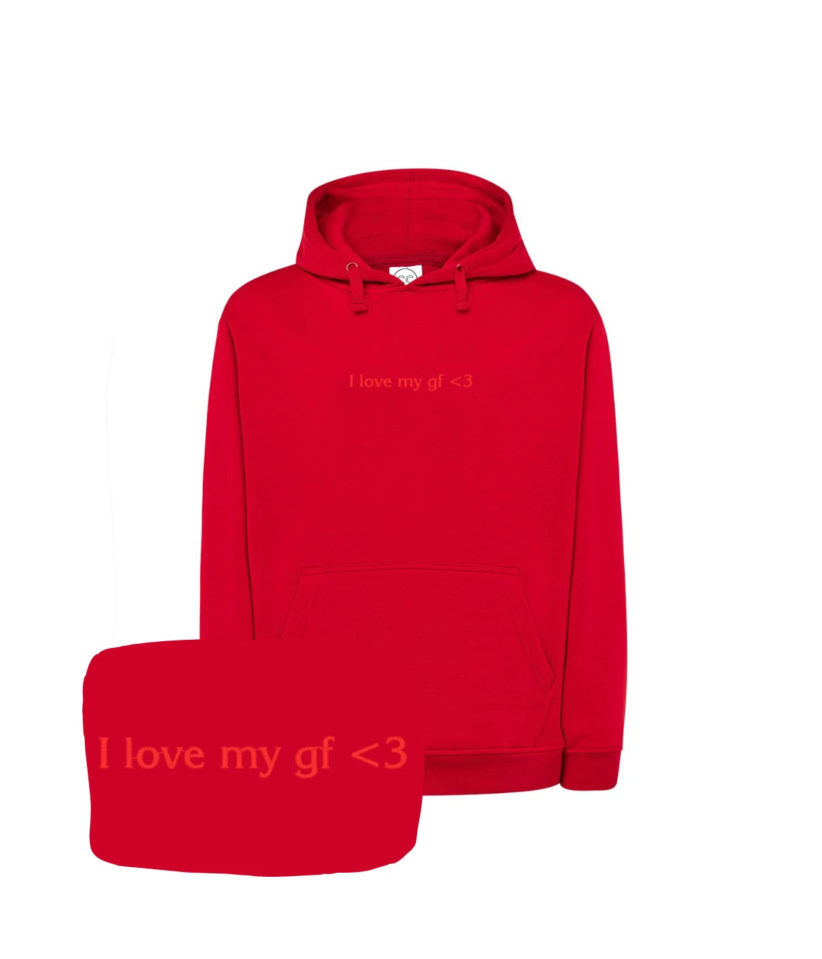 Czerwona bluza z kapturem z haftem 'I love my gf <3', wyjątkowy prezent dla chłopaka, haft komputerowy.
