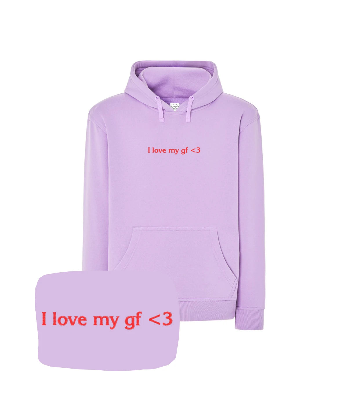 Fioletowa bluza z kapturem z napisem 'I love my gf <3', romantyczny prezent dla chłopaka, haft komputerowy.