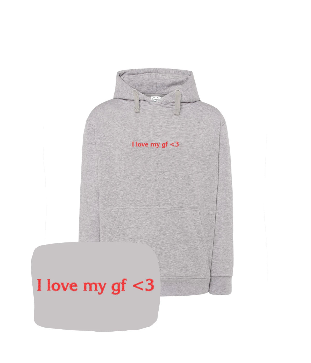 Jasnoszara bluza z kapturem z napisem 'I love my gf <3', doskonały prezent dla chłopaka, haft komputerowy.