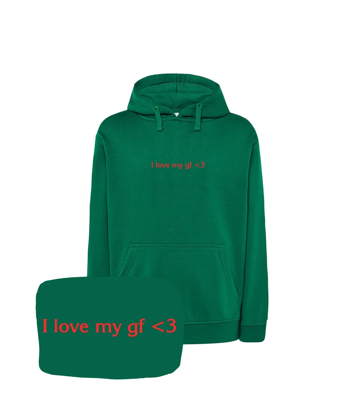 Jasnozielona bluza z kapturem z haftem 'I love my gf <3', idealny prezent dla chłopaka, haft komputerowy.