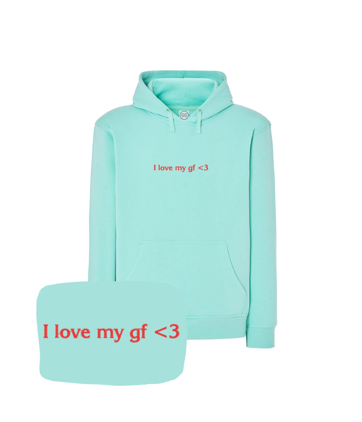 Miętowa bluza z haftem 'I love my gf <3', oryginalny prezent dla chłopaka od dziewczyny, haft komputerowy.
