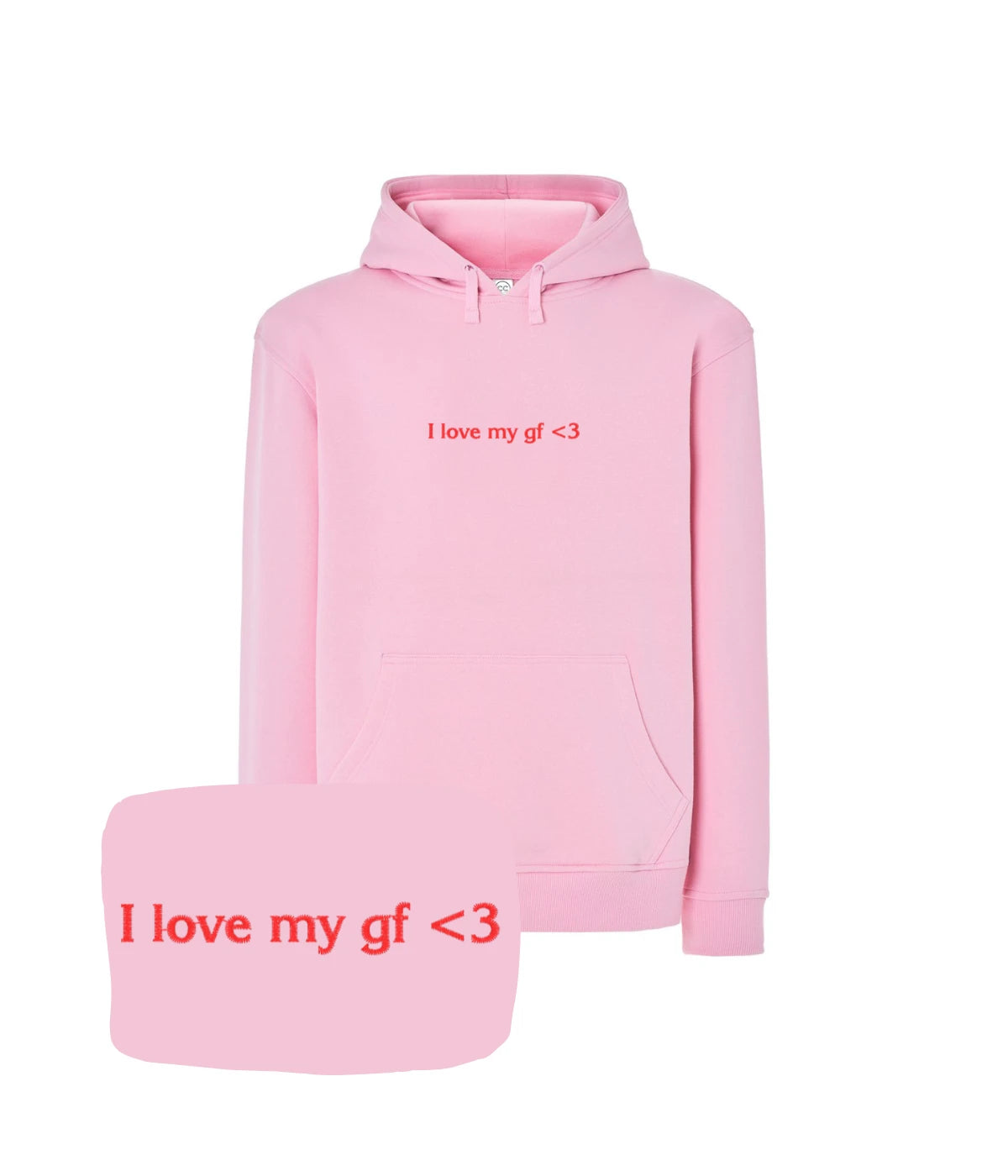 Różowa bluza z kapturem z haftem 'I love my gf <3', oryginalny prezent dla chłopaka, haft komputerowy.