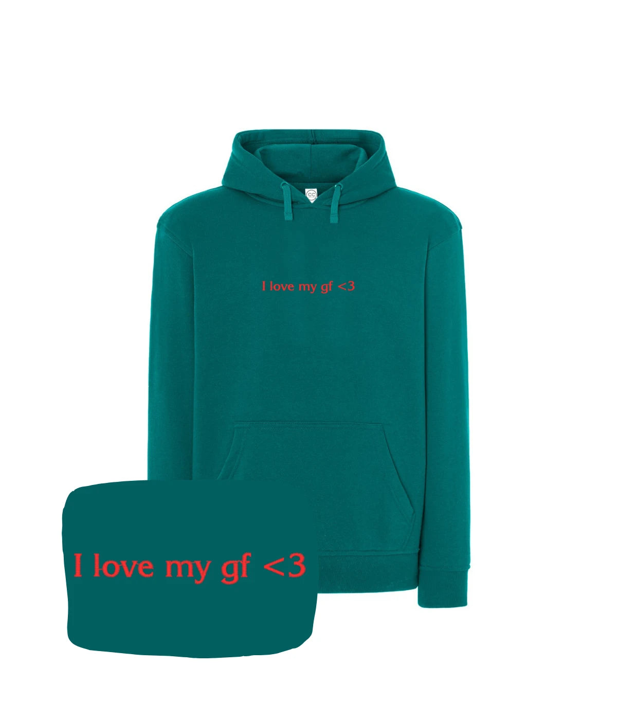 Turkusowa bluza z kapturem z napisem 'I love my gf <3', wyjątkowy prezent dla chłopaka, haft komputerowy.