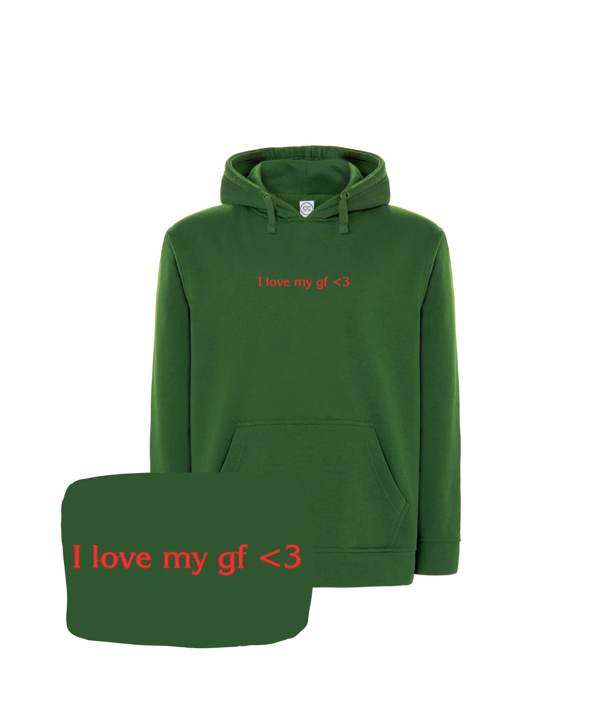 Zielona bluza z kapturem z napisem 'I love my gf <3', doskonały prezent dla chłopaka, haft komputerowy.