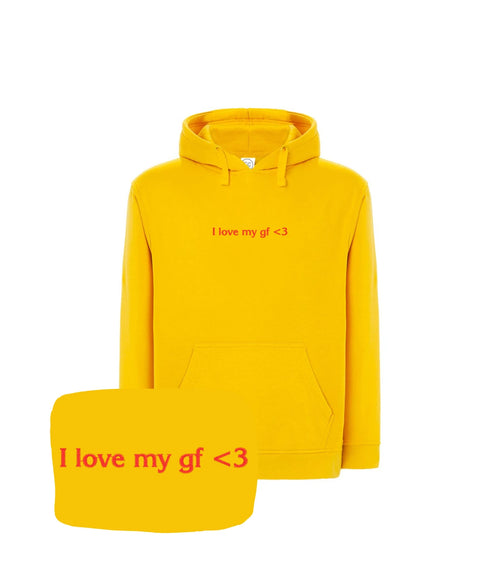 Żółta bluza z kapturem z napisem 'I love my gf <3', oryginalny prezent dla chłopaka, haft komputerowy.