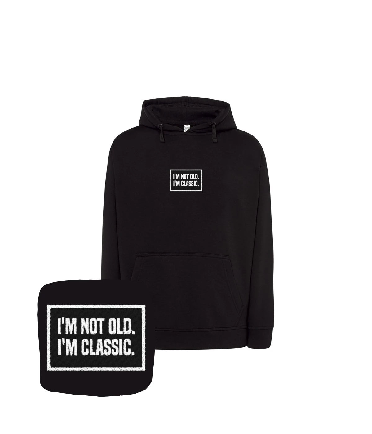 Biała bluza z haftem 'I’m Not Old. I’m Classic.'. Idealna na prezent dla dziadków, haft komputerowy.