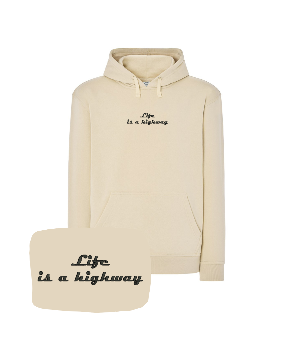 Beżowa bluza z kapturem z haftem "Life is a Highway" od CustomClothes.pl, miękka i wygodna, z nadrukiem na przodzie.