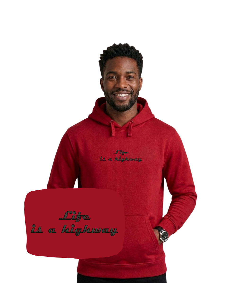 Red hoodie with embroidered "Life is a Highway" design from CustomClothes.pl, casual and comfortable with a hood and front pocket.