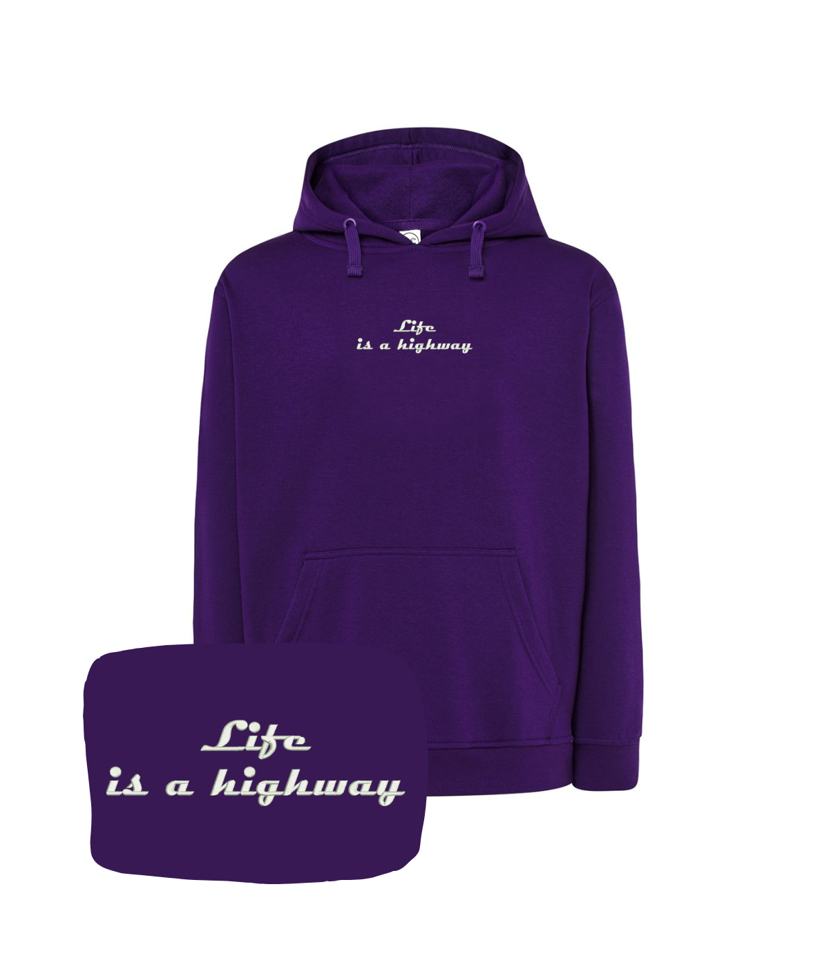 Fioletowa bluza z kapturem od CustomClothes.pl z haftem "Life is a Highway" na przodzie, casual i wygodna do codziennego noszenia.
