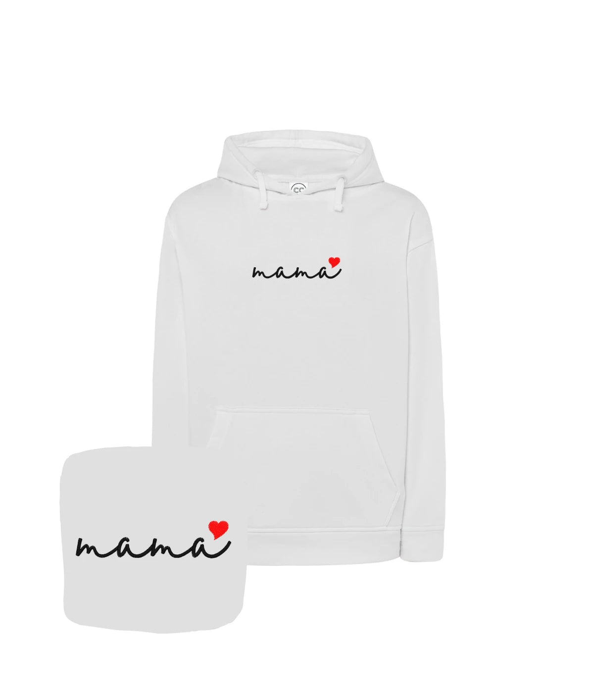 Biała bluza z kapturem z haftem ze słowem mama i małym czerwonym serduszkiem.