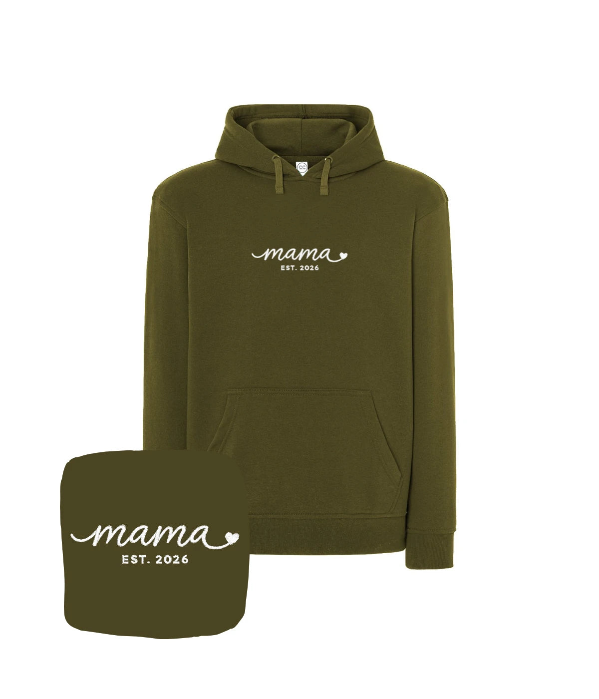 Khaki bluza z kapturem z haftem 'mama EST. 2026' - nowoczesny prezent dla mamy z haftem