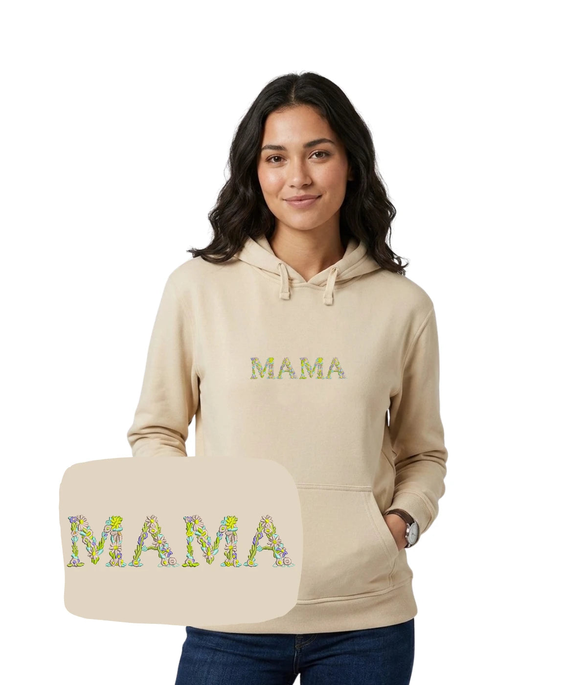 Beżowa bluza z haftem napisu MAMA z kwiatów, idealny prezent dla mamy z haftem komputerowym.