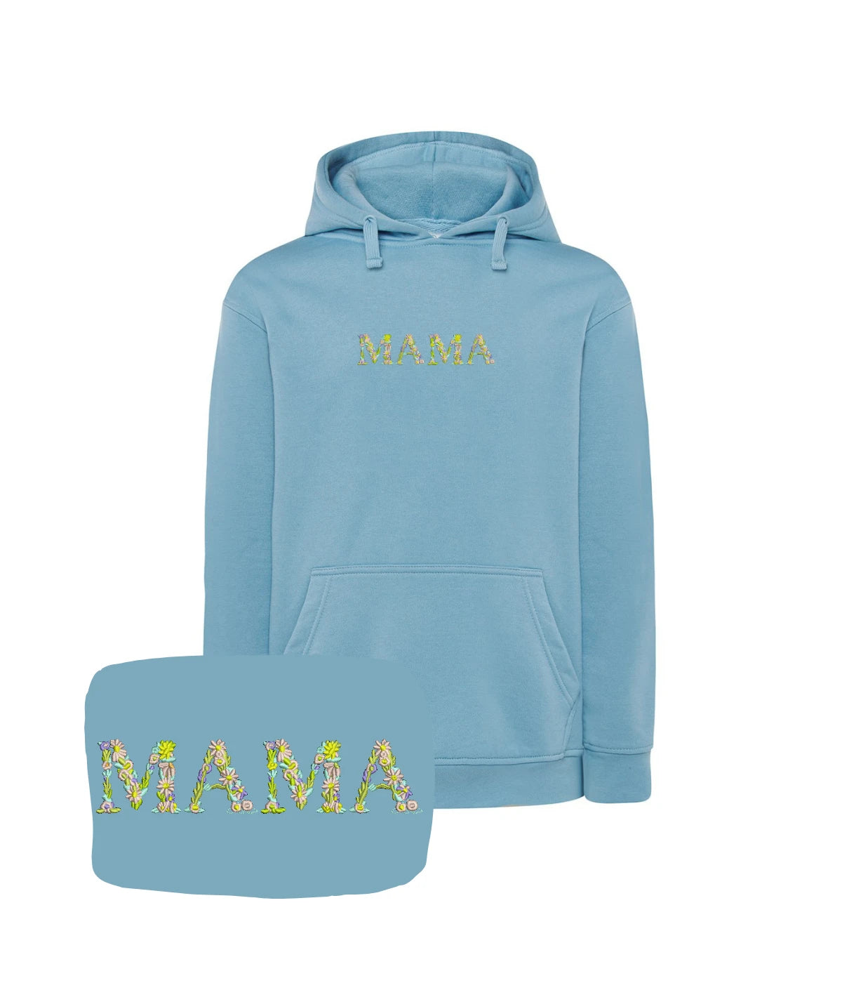 Błękitna bluza z haftem napisu MAMA z kwiatów - perfekcyjny prezent dla mamy z haftem.