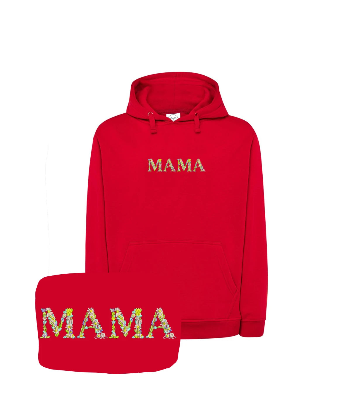 Czerwona bluza z motywem MAMA w kształcie kwiatów, idealna jako prezent dla mamy.