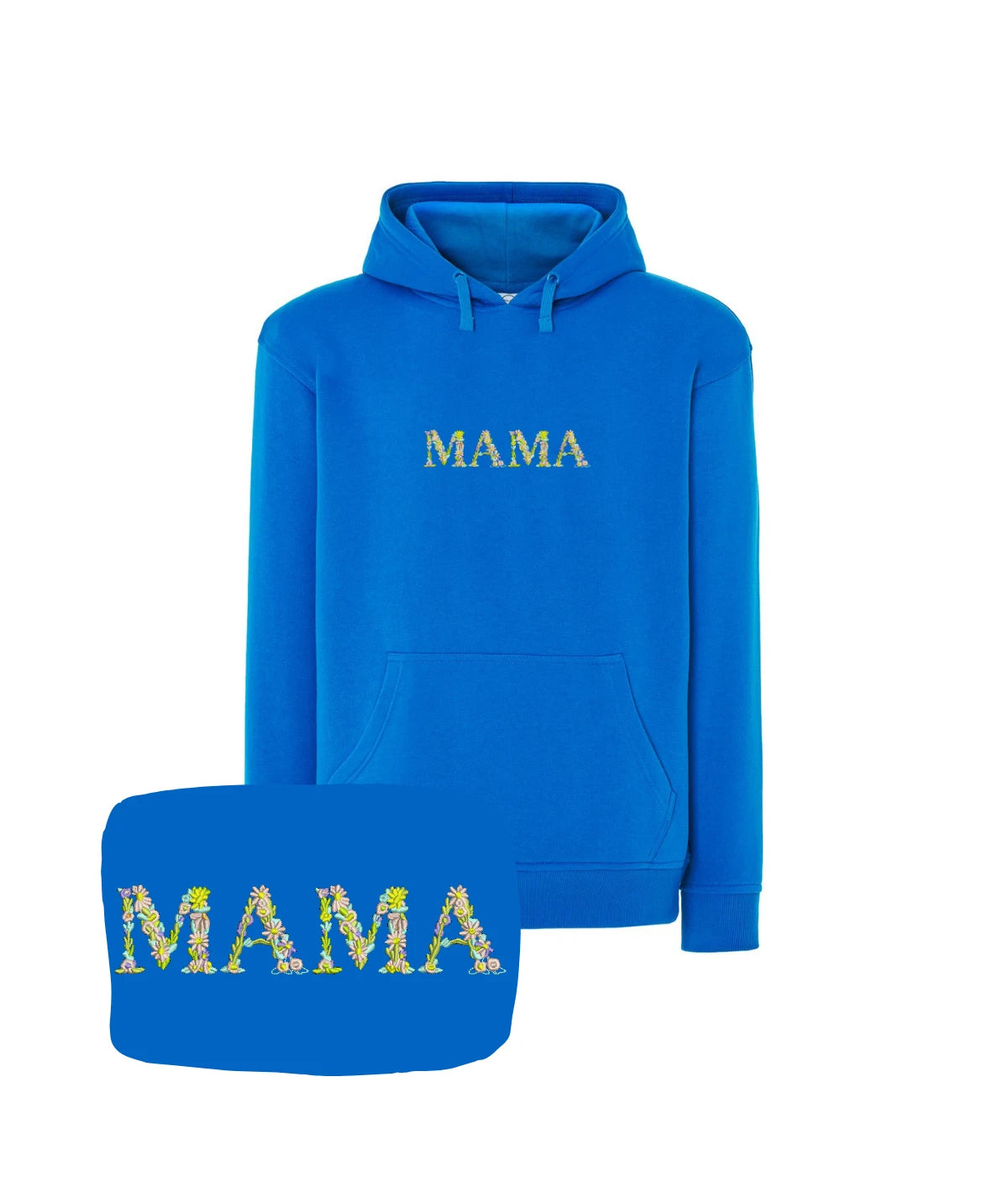 Niebieska bluza z haftem MAMA pełnym kwiatów, doskonały prezent na Dzień Matki.
