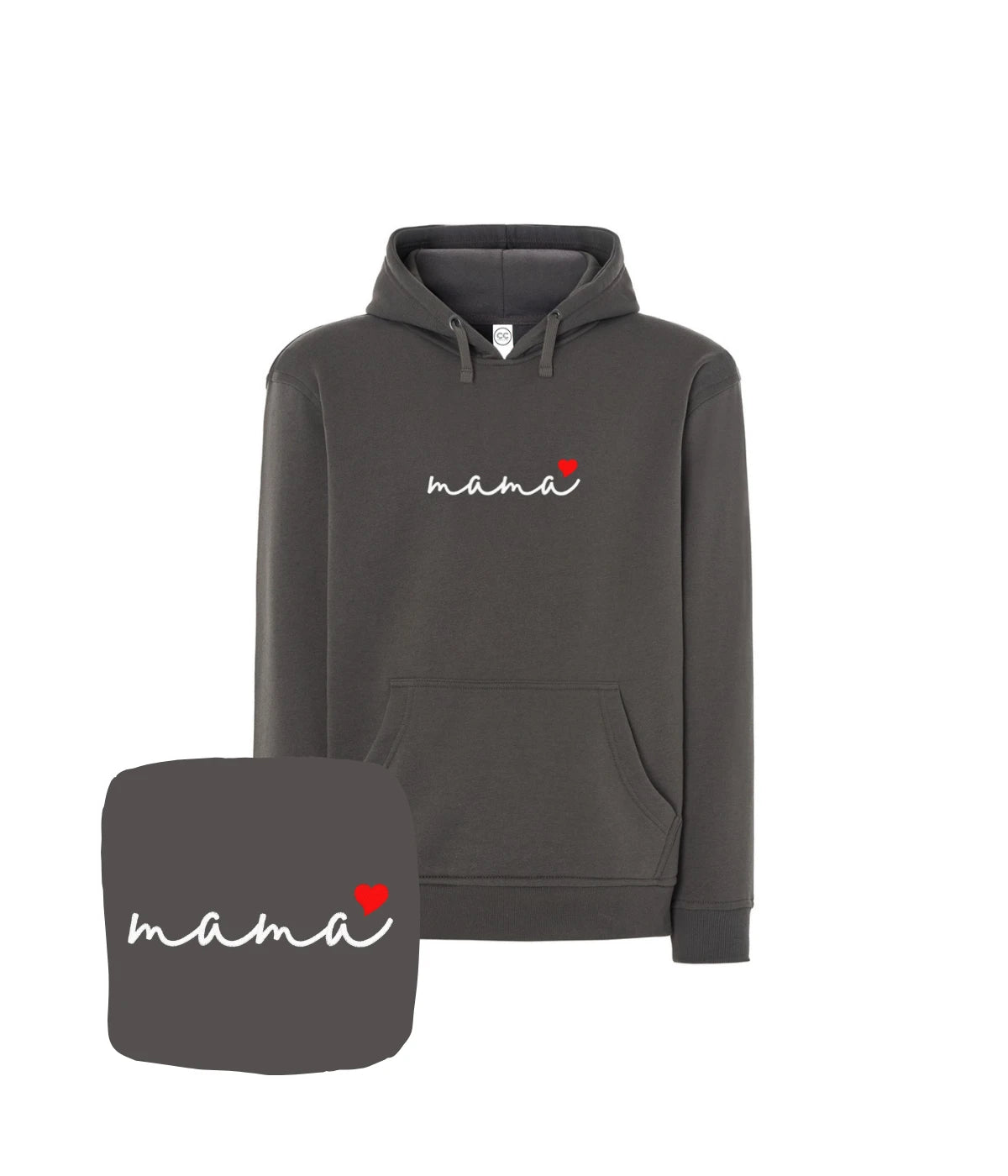 Ciemnoszara bluza z kapturem z haftem mama i czerwonym sercem - uniwersalny prezent dla mamy.
