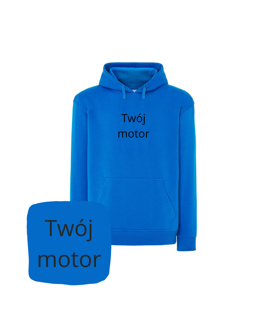 Aqua-colored CustomClothes.pl hoodie with motorcycle embroidery, featuring a front pocket and adjustable drawstrings.