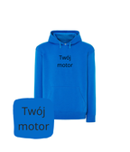 Aqua-colored CustomClothes.pl hoodie with motorcycle embroidery, featuring a front pocket and adjustable drawstrings.