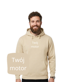 Beżowa bluza z kapturem z haftem motocykla, komfortowa i stylowa, idealna dla motocyklisty, od CustomClothes.pl