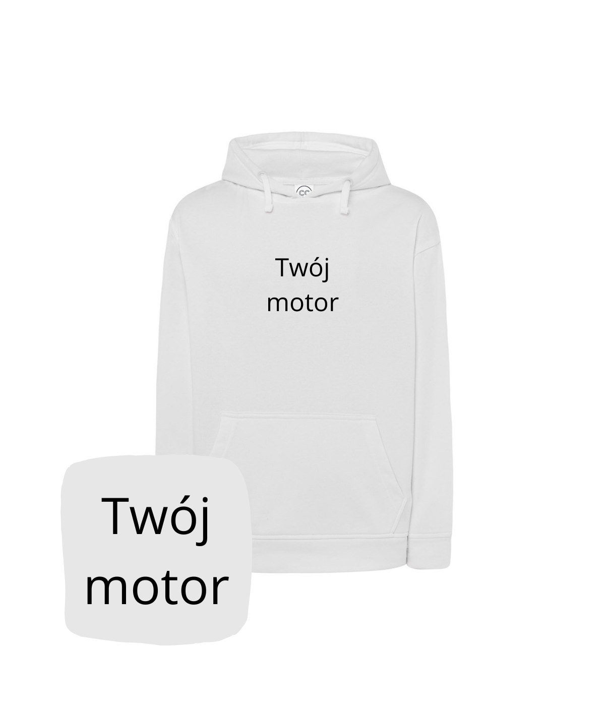 White CustomClothes.pl hoodie with motorcycle embroidery, featuring a hood and personalized design, ideal for motorcycle enthusiasts.