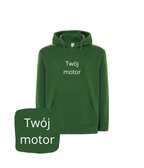 Dark green CustomClothes.pl hoodie with motorcycle embroidery, featuring a detailed motorcycle design on the front.