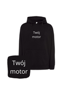 Black hoodie with motorcycle embroidery, featuring a hooded design and detailed motorcycle print, perfect for motorcycle enthusiasts.