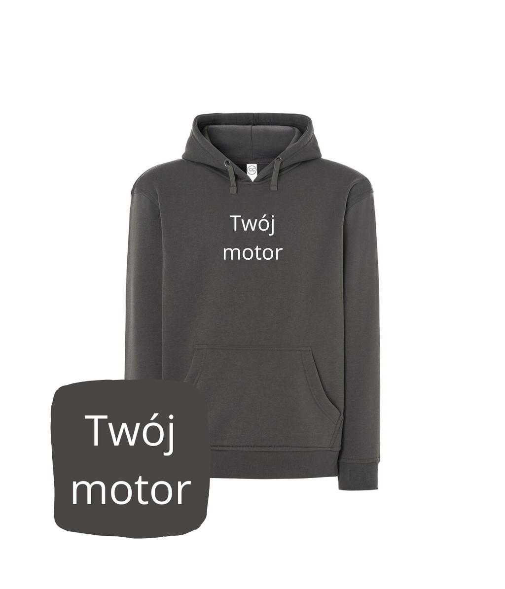 Grafitowa bluza z kapturem z haftem motocykla, wygodny i stylowy produkt marki CustomClothes.pl dla miłośników motocykli.