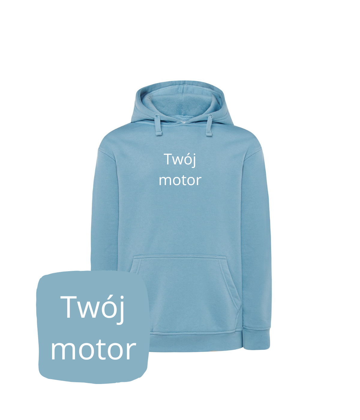 Jasnoniebieska bluza z kapturem od CustomClothes.pl z motocyklowym haftem, idealna dla motocyklistów, pokazuje szczegóły nadruku.