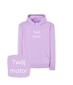 Liliowa bluza z kapturem z haftem motocykla, personalizowana bluza motocyklowa od CustomClothes.pl, casual i stylowa dla motocyklisty