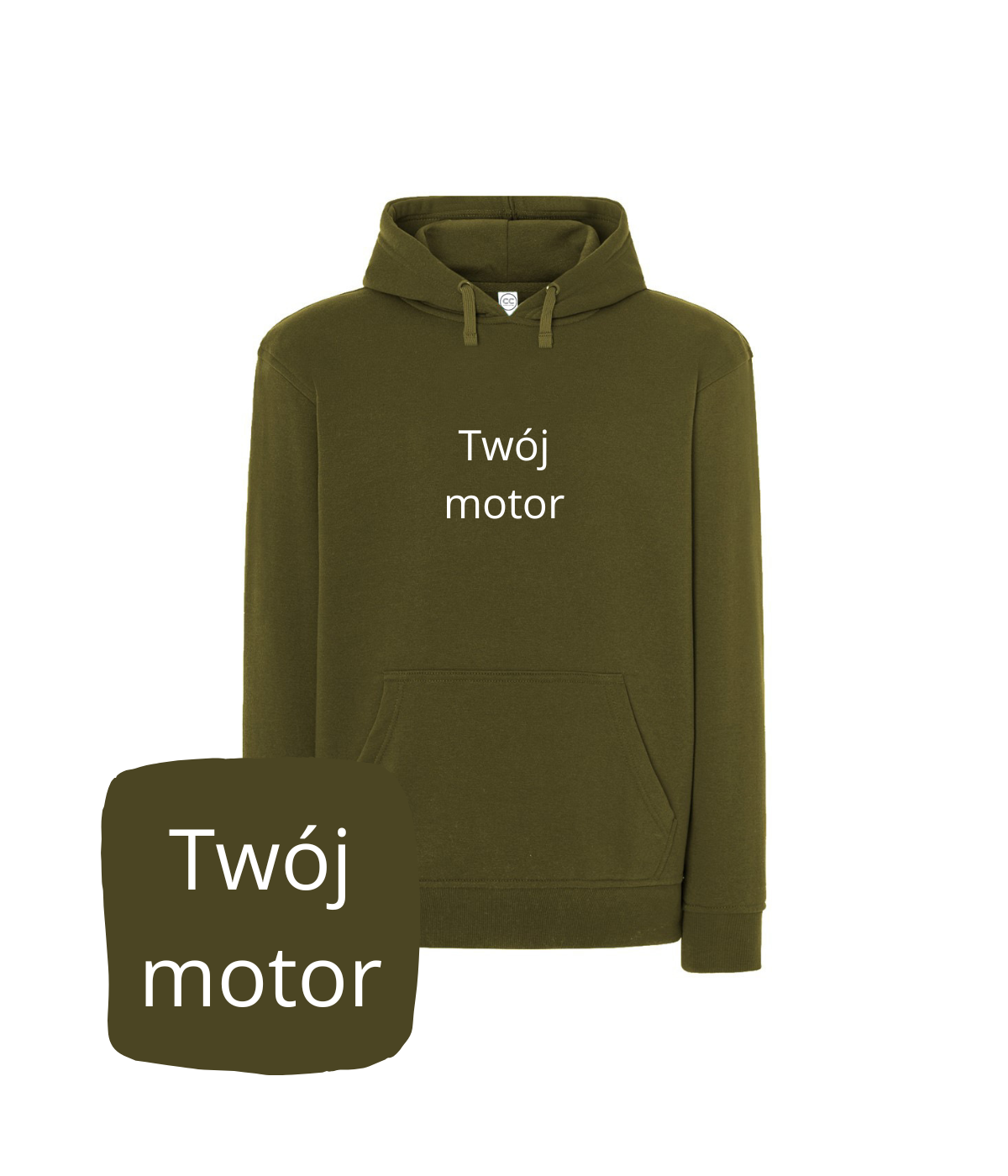 Olive green hoodie with motorcycle embroidery from CustomClothes.pl, featuring detailed motorcycle artwork on the chest.