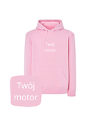 Pink CustomClothes.pl hoodie with motorcycle embroidery, cozy sweatshirt for women featuring a detailed motorcycle design.