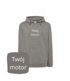 Gray melange hoodie with motorcycle embroidery by CustomClothes.pl, featuring detailed motorcycle design on the front.