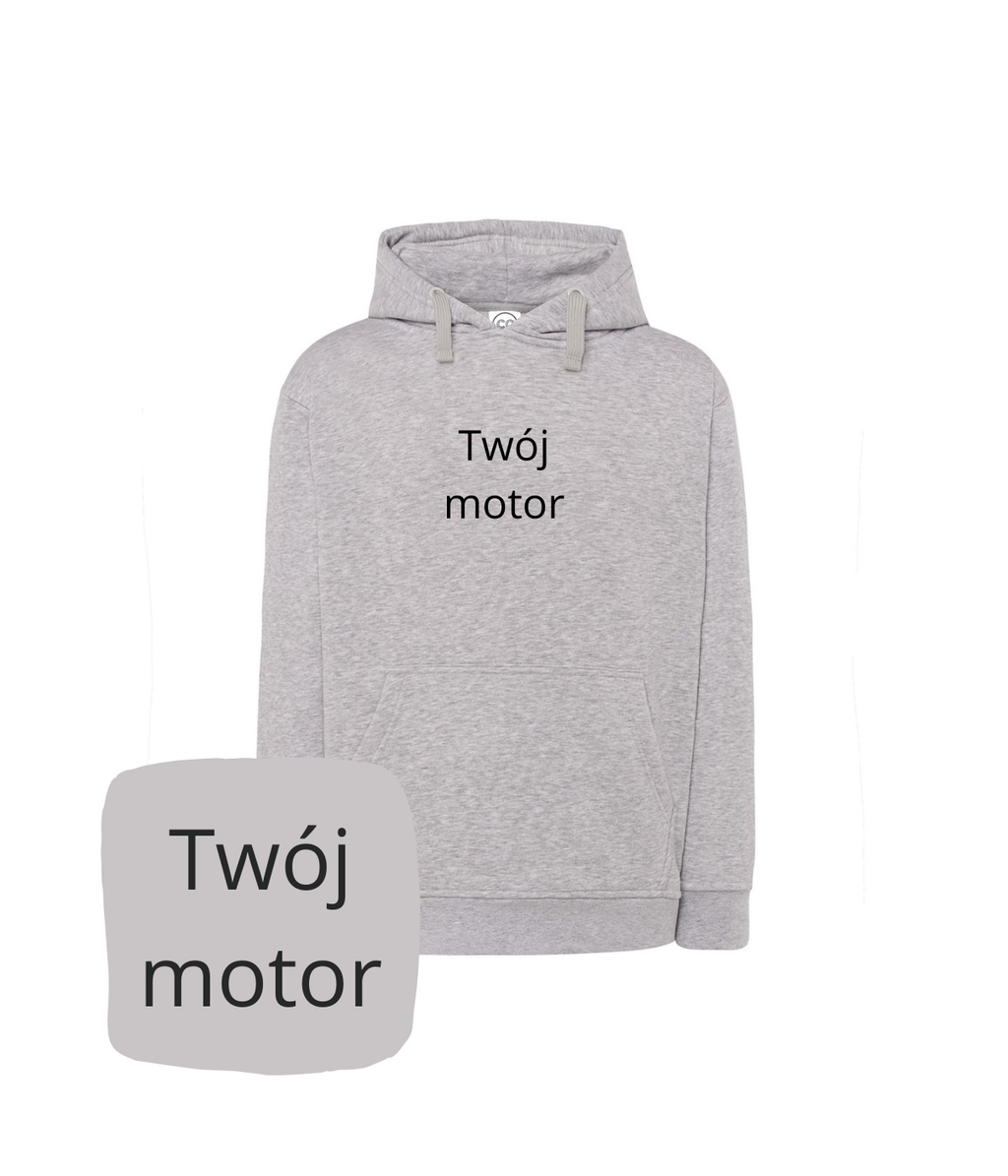 Gray CustomClothes.pl hoodie with motorcycle embroidery, featuring a hood and personalized design, perfect for motorcyclists.