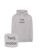 Gray CustomClothes.pl hoodie with motorcycle embroidery, featuring a hood and personalized design, perfect for motorcyclists.