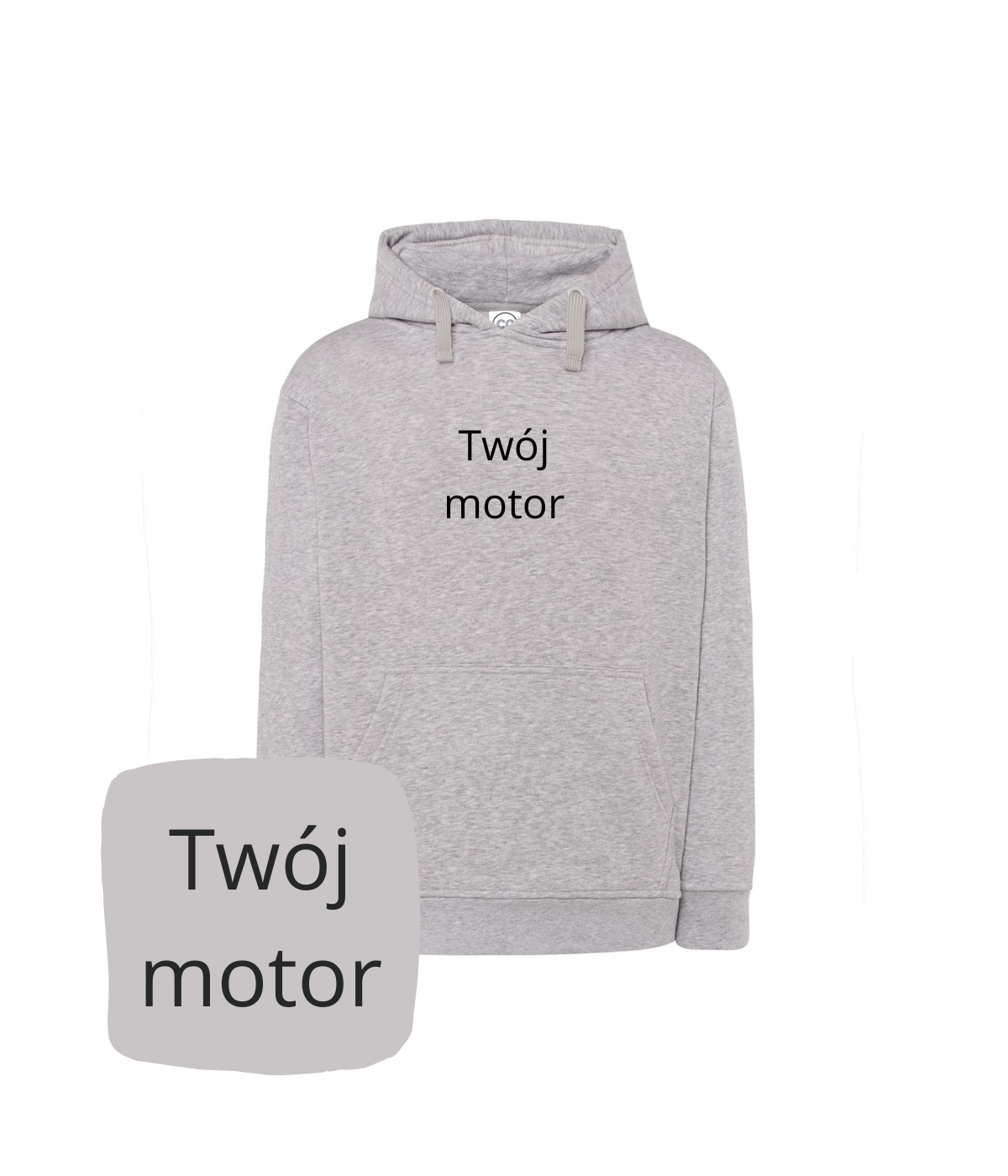 Gray CustomClothes.pl hoodie with motorcycle embroidery, featuring a hood and personalized design, perfect for motorcyclists.