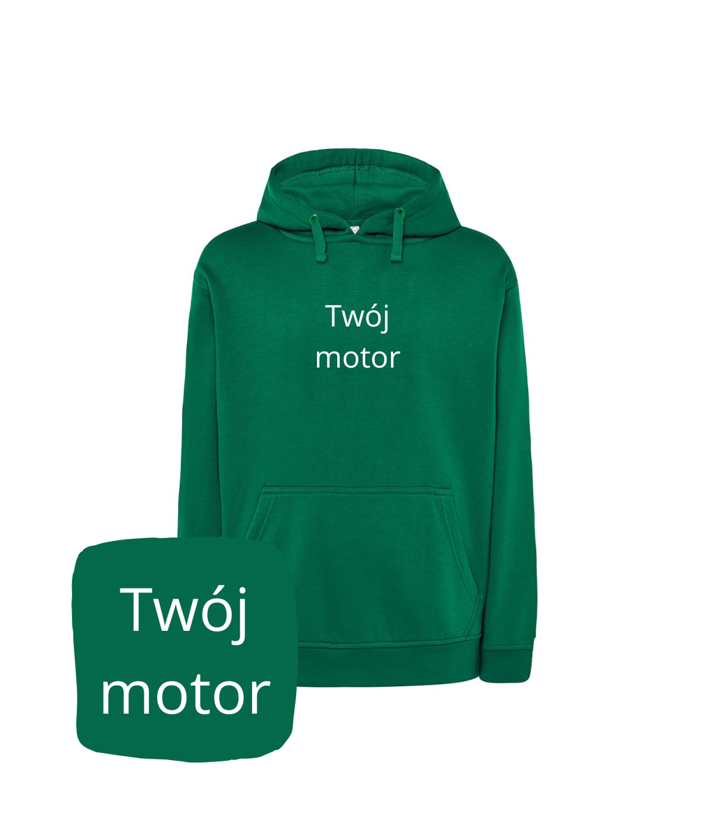 Green CustomClothes.pl hoodie with motorcycle embroidery, featuring a hood and personalized design, perfect for motorcycle enthusiasts.