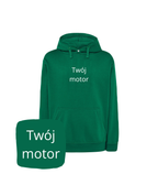 Green CustomClothes.pl hoodie with motorcycle embroidery, featuring a hood and personalized design, perfect for motorcycle enthusiasts.