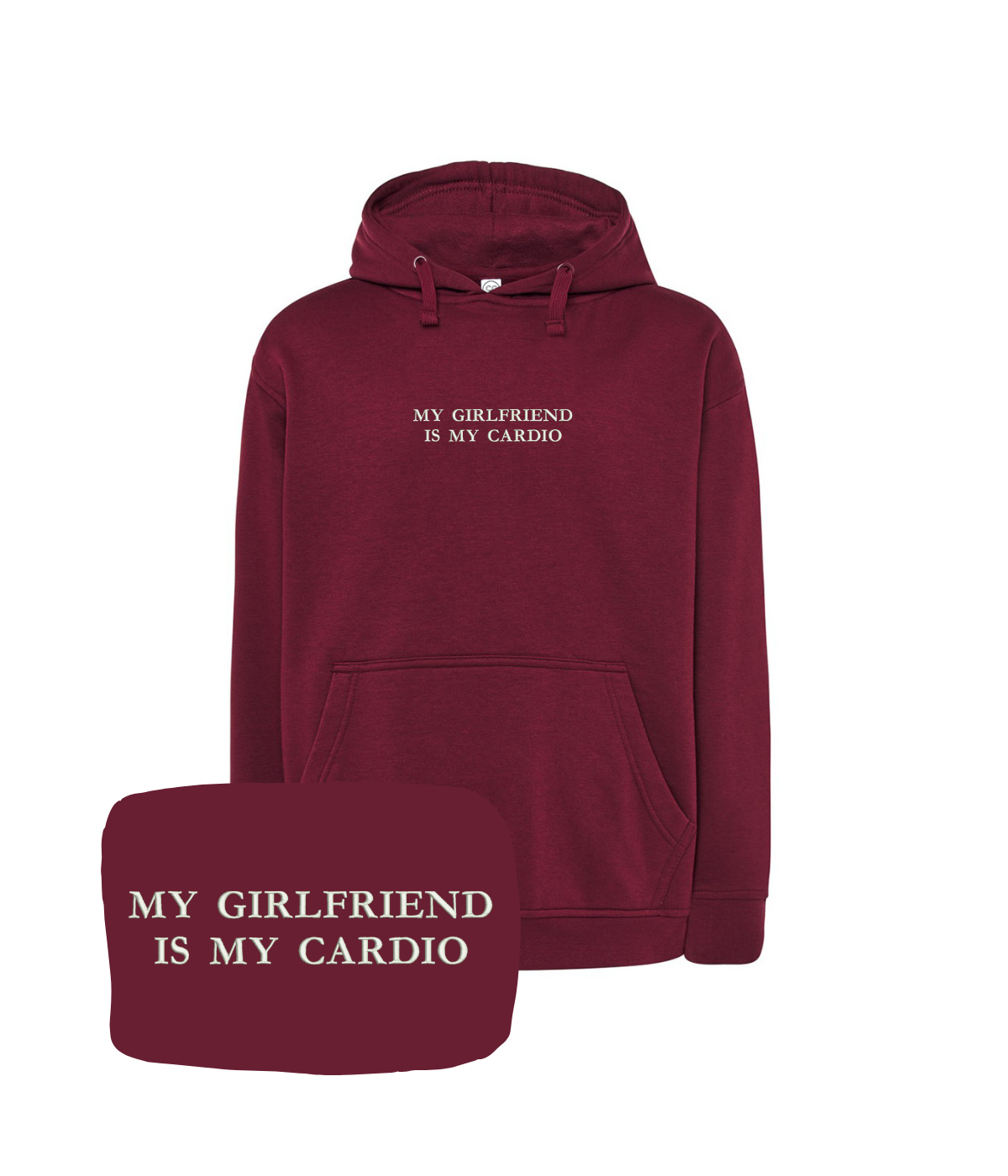Red hoodie with white embroidered text "My Girlfriend Is My Cardio" from CustomClothes.pl, featuring a front design.