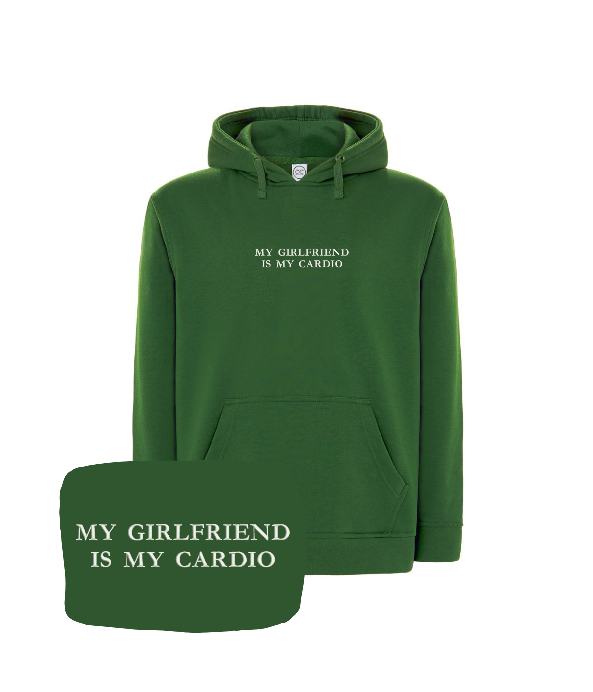CustomClothes.pl blue hoodie with embroidery reading "My Girlfriend is My Cardio" in green, featuring a comfortable hood and casual fit.