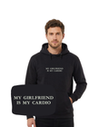 Black hoodie with embroidered "My Girlfriend Is My Cardio" text, casual style, front view, from CustomClothes.pl