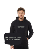 Black hoodie with embroidered "My Girlfriend Is My Cardio" text, casual style, front view, from CustomClothes.pl